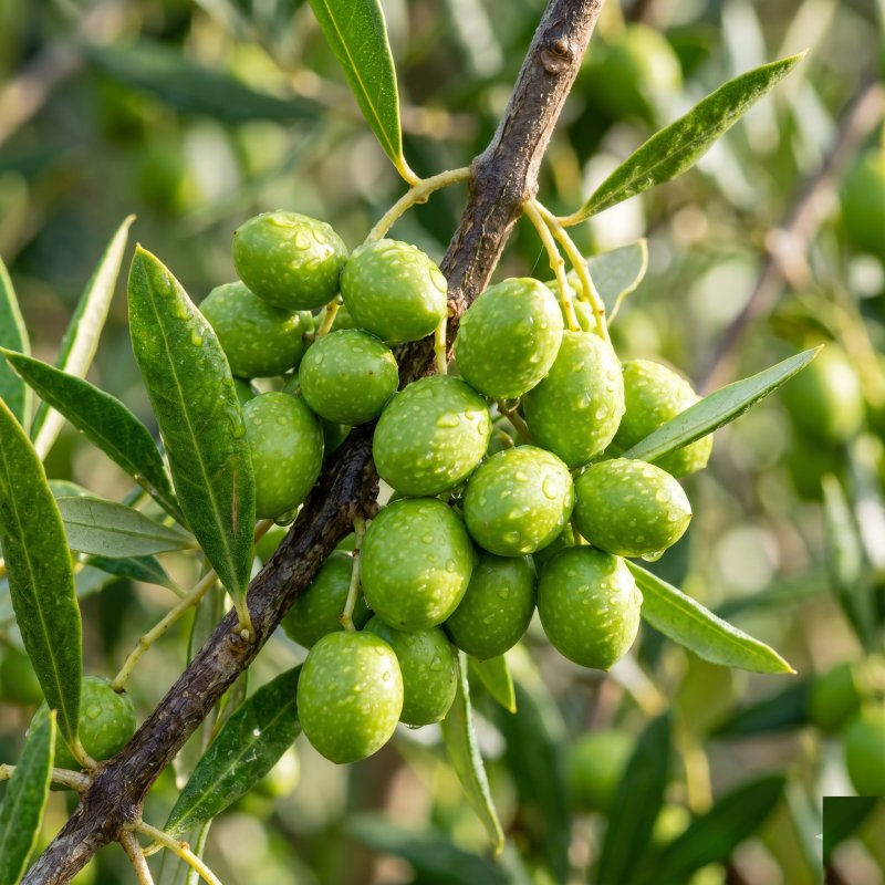 Cluster of green olives with morning dew — early harvest at peak polyphenol content