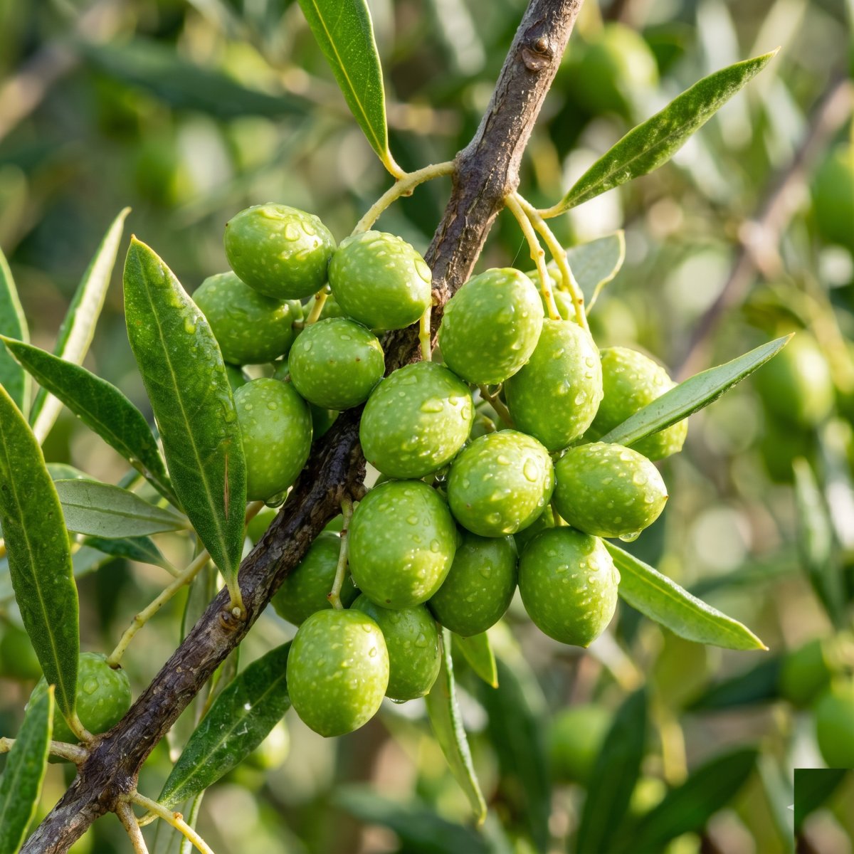 Green unripe olives on the branch — early harvest at peak polyphenol content